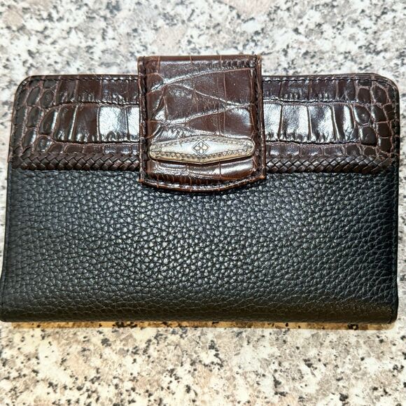Brighton Vintage Leather Croc Embossed Bi-Fold Checkbook Wallet Brown/Black - Picture 9 of 10